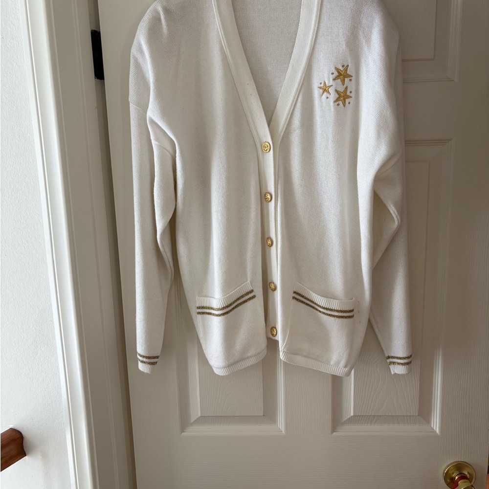 White Cardigan Sweater with Gold Accents